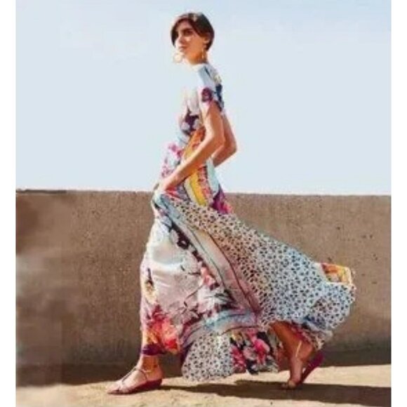 Johnny Was 100% Silk Floral Patch Lagenlook Hippie Boho Maxi Dress Size Large - Picture 1 of 16